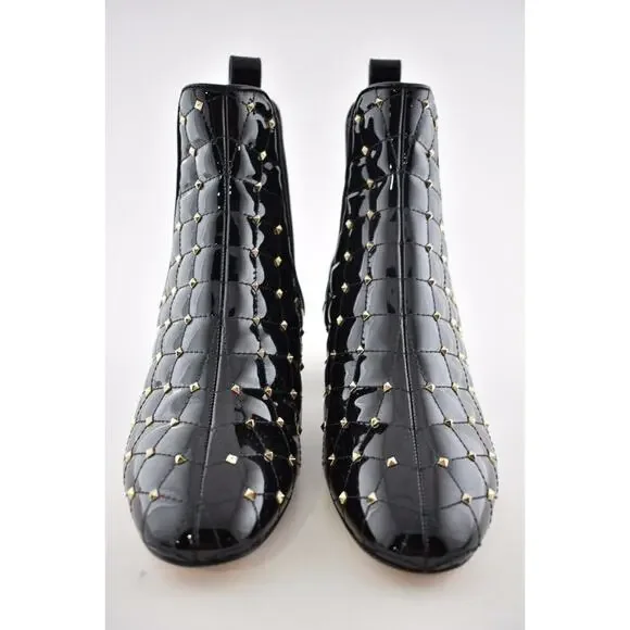 Valentino Rockstud Chelsea Spike Black Patent Stud Heel Short Ankle Bootie 37